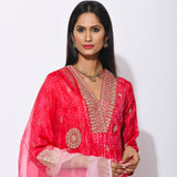Red Pink Silk Shibori Embroidered Kurta Set
