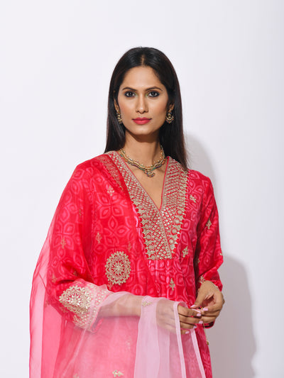 Red Pink Silk Shibori Embroidered Kurta Set