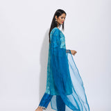 Teal Silk Shibori Embroidered Kurta Set