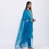 Teal Silk Shibori Embroidered Kurta Set