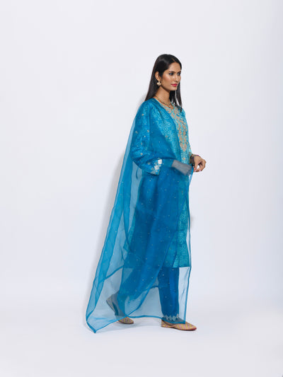 Teal Silk Shibori Embroidered Kurta Set