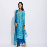 Teal Silk Shibori Embroidered Kurta Set