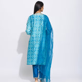 Teal Silk Shibori Embroidered Kurta Set