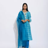 Teal Silk Shibori Embroidered Kurta Set