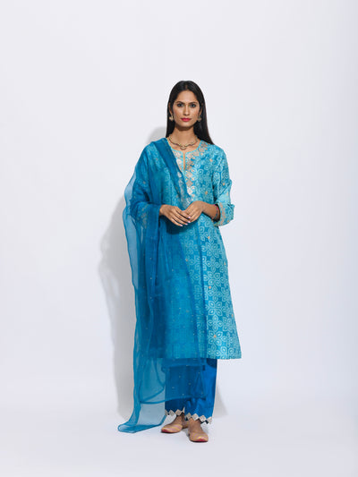 Teal Silk Shibori Embroidered Kurta Set