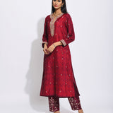 Maroon Silk Shibori Embroidered Kurta Set