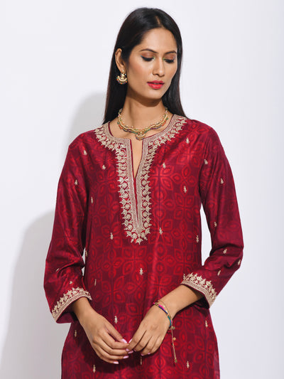 Maroon Silk Shibori Embroidered Kurta Set