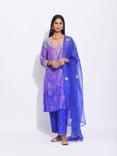 Purple Silk Shibori Embroidered Kurta Set