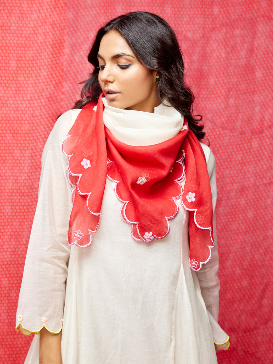 Ivory Applique Embroidered Chanderi Tie Dye Scarf