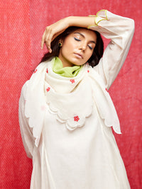 Ivory/ Lime Green Applique Embrodiered Chanderi Scallop Scarf