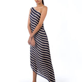 Navy Stripe Printed One Shoulder Asymmetrical Dress