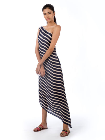 Navy Stripe Printed One Shoulder Asymmetrical Dress