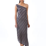 Navy Stripe Printed One Shoulder Asymmetrical Dress