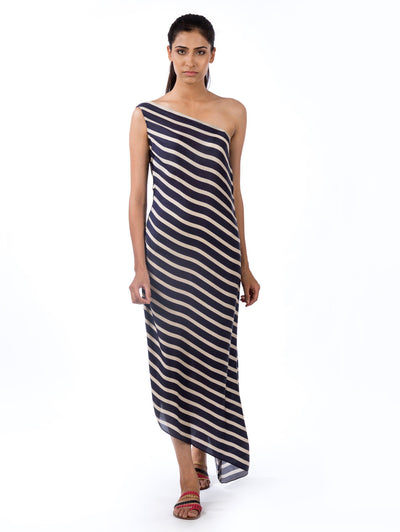Navy Stripe Printed One Shoulder Asymmetrical Dress
