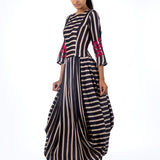 Navy Printed Striped Dhoti Dress with Applique Embroidery