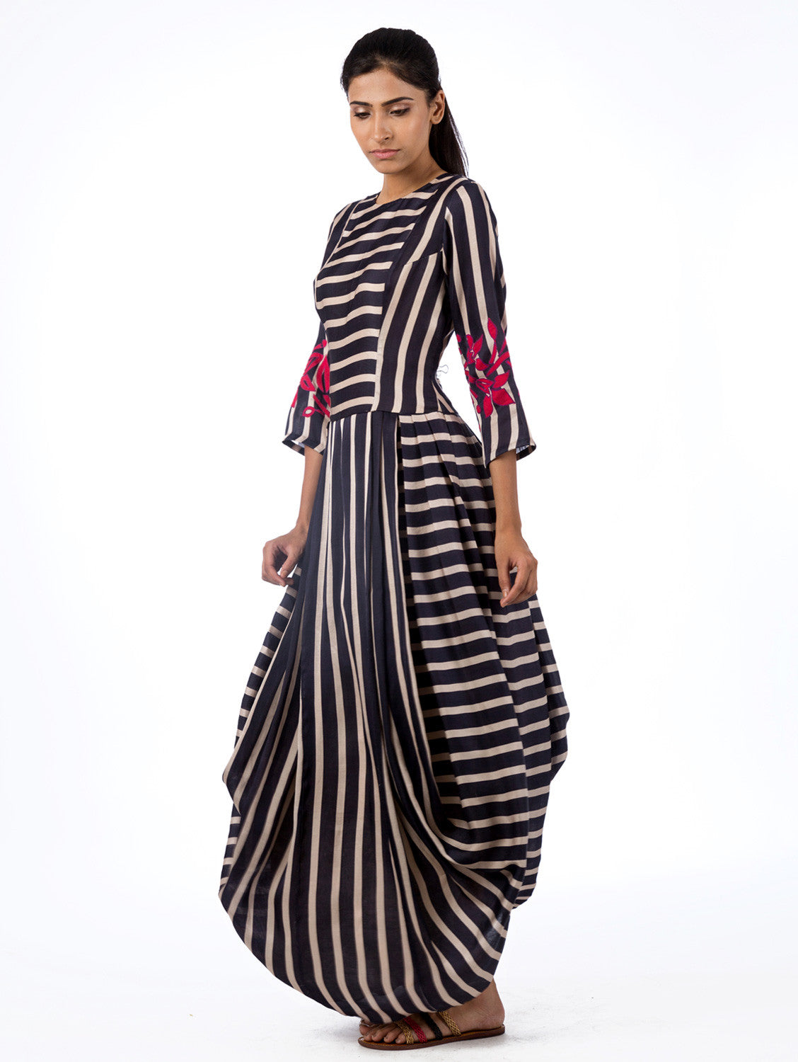 Navy Printed Striped Dhoti Dress with Applique Embroidery