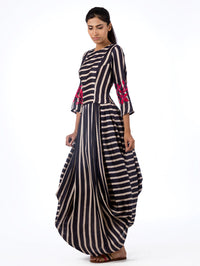 Navy Printed Striped Dhoti Dress with Applique Embroidery