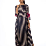 Navy Printed Striped Dhoti Dress with Applique Embroidery