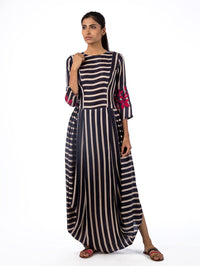 Navy Printed Striped Dhoti Dress with Applique Embroidery