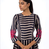 Navy Printed Striped Dhoti Dress with Applique Embroidery