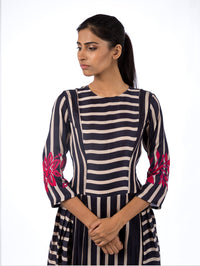 Navy Printed Striped Dhoti Dress with Applique Embroidery