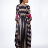 Navy Printed Striped Dhoti Dress with Applique Embroidery