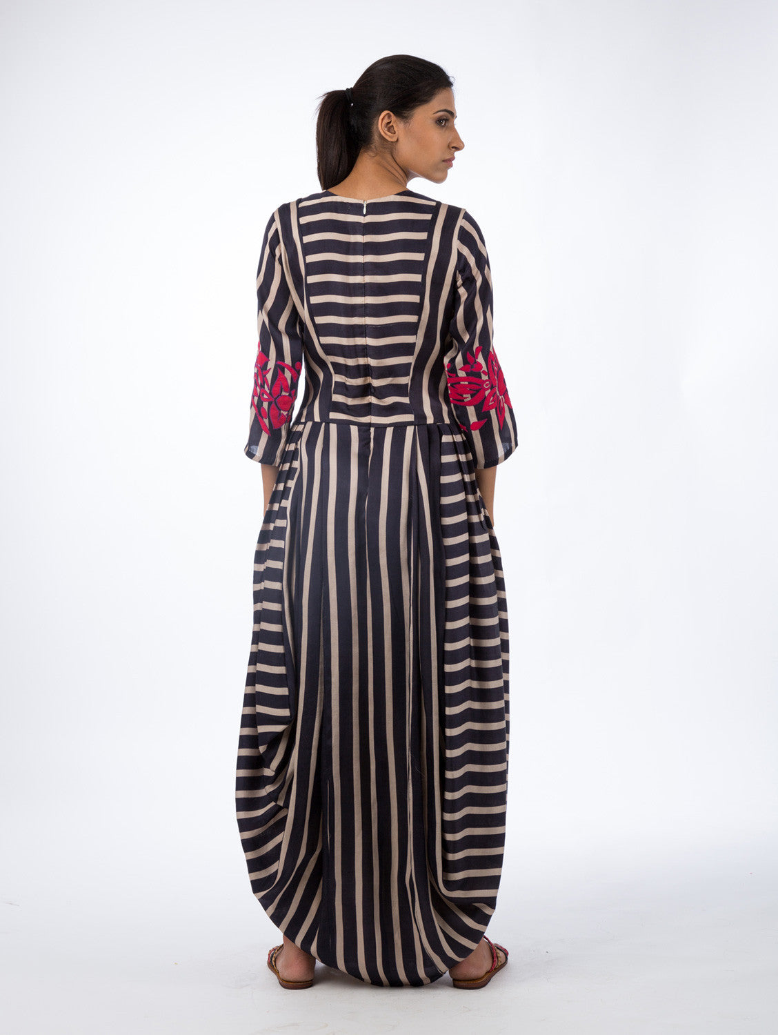 Navy Printed Striped Dhoti Dress with Applique Embroidery