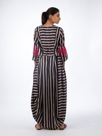 Navy Printed Striped Dhoti Dress with Applique Embroidery