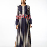 Blue Printed Stripe Kaftan With Applique Embroidery