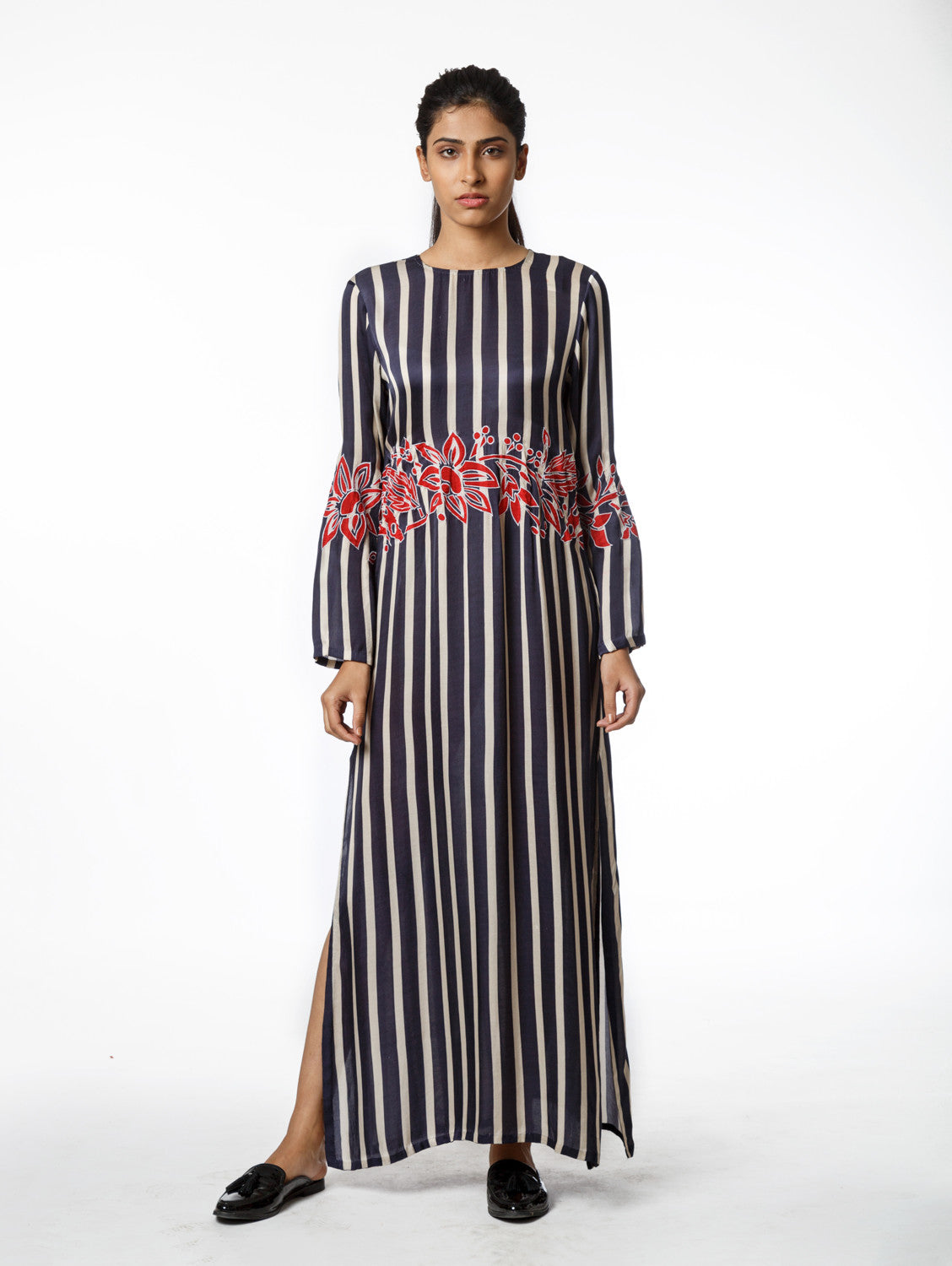 Blue Printed Stripe Kaftan With Applique Embroidery
