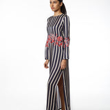 Blue Printed Stripe Kaftan With Applique Embroidery