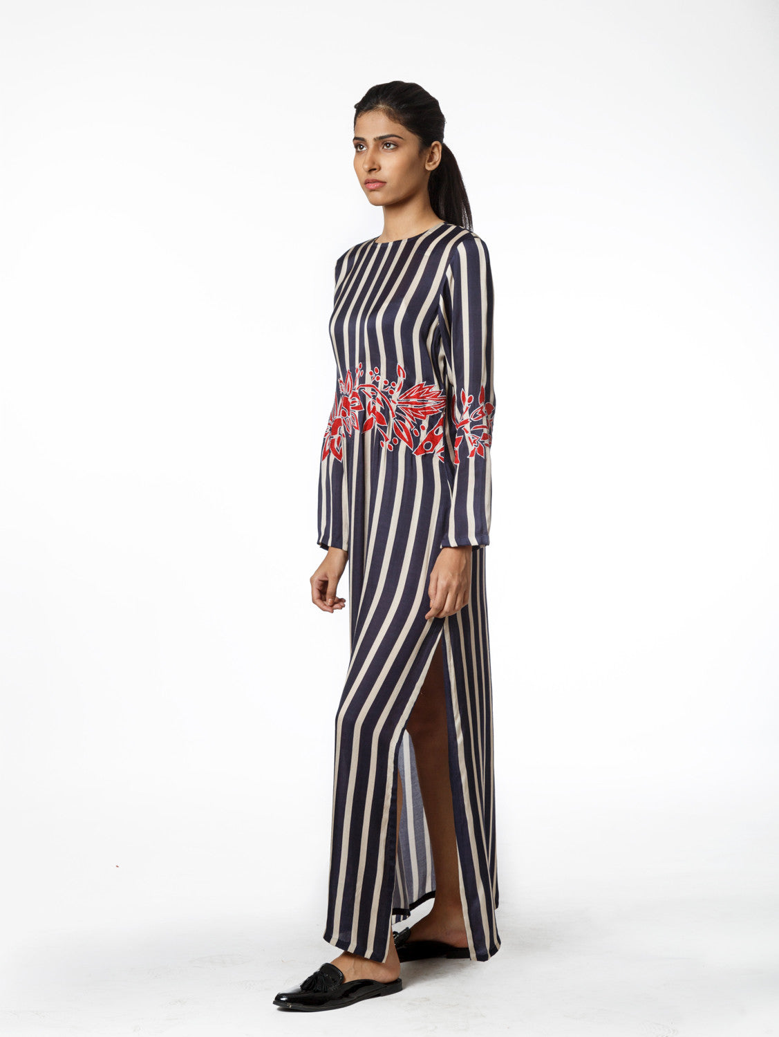Blue Printed Stripe Kaftan With Applique Embroidery