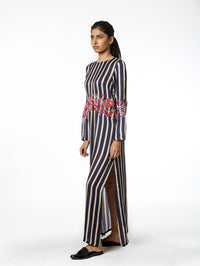 Blue Printed Stripe Kaftan With Applique Embroidery