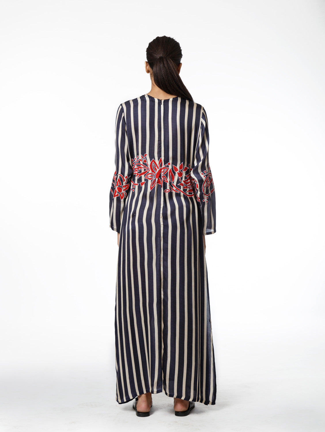 Blue Printed Stripe Kaftan With Applique Embroidery