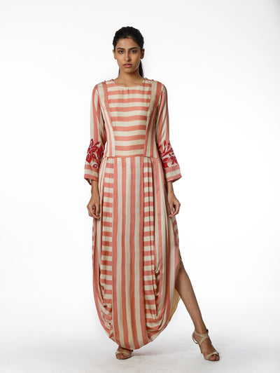 Blush Printed Stripe Dhoti Dress with Applique
