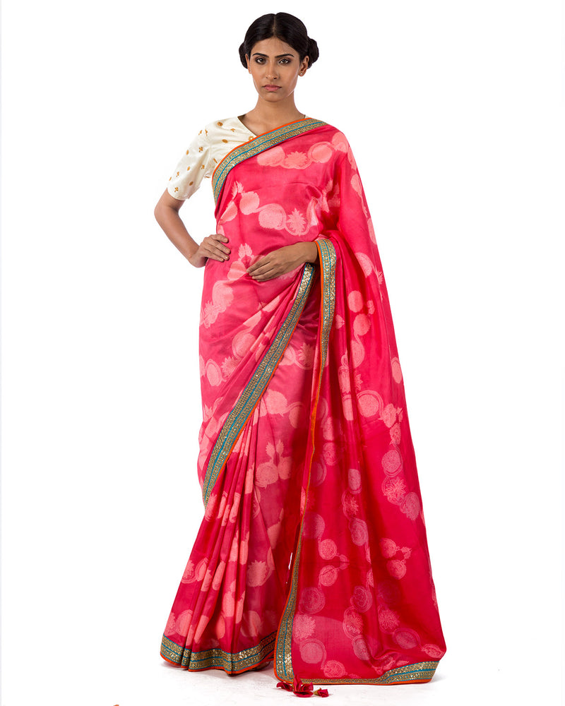 Berry Floral Scallop Shibori Silk Saree Set - Swati Vijaivargie