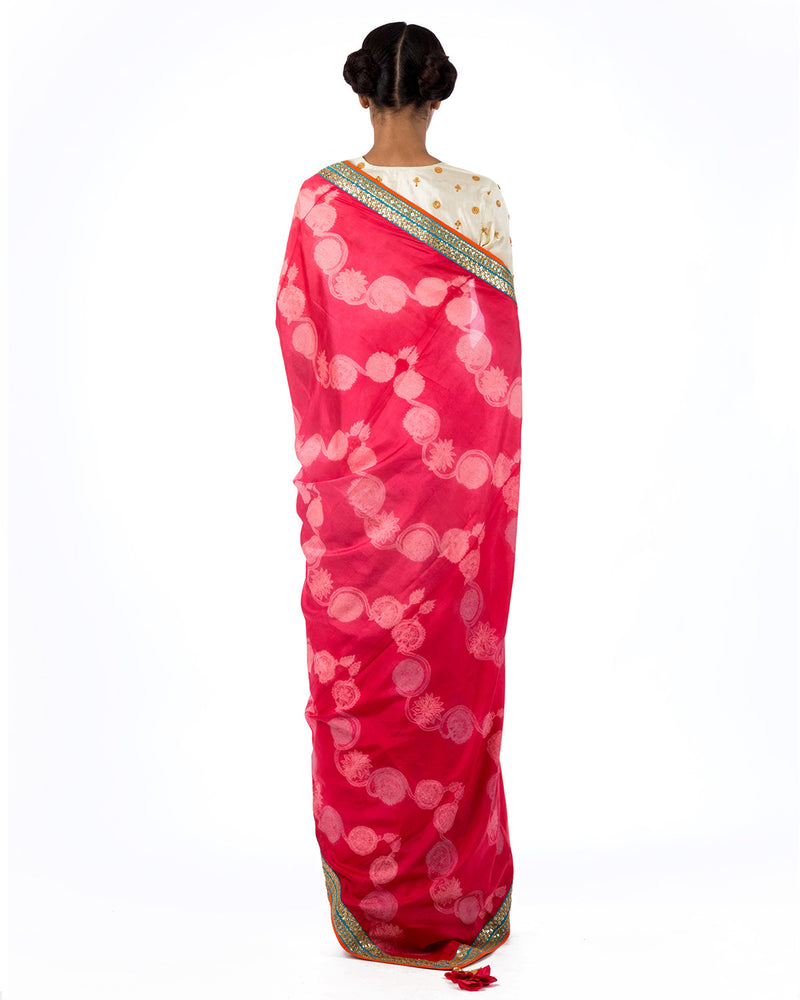 Berry Floral Scallop Shibori Silk Saree Set - Swati Vijaivargie
