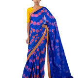 Electric Blue Floral Scallop Shibori Embroidered Silk Saree with Blouse