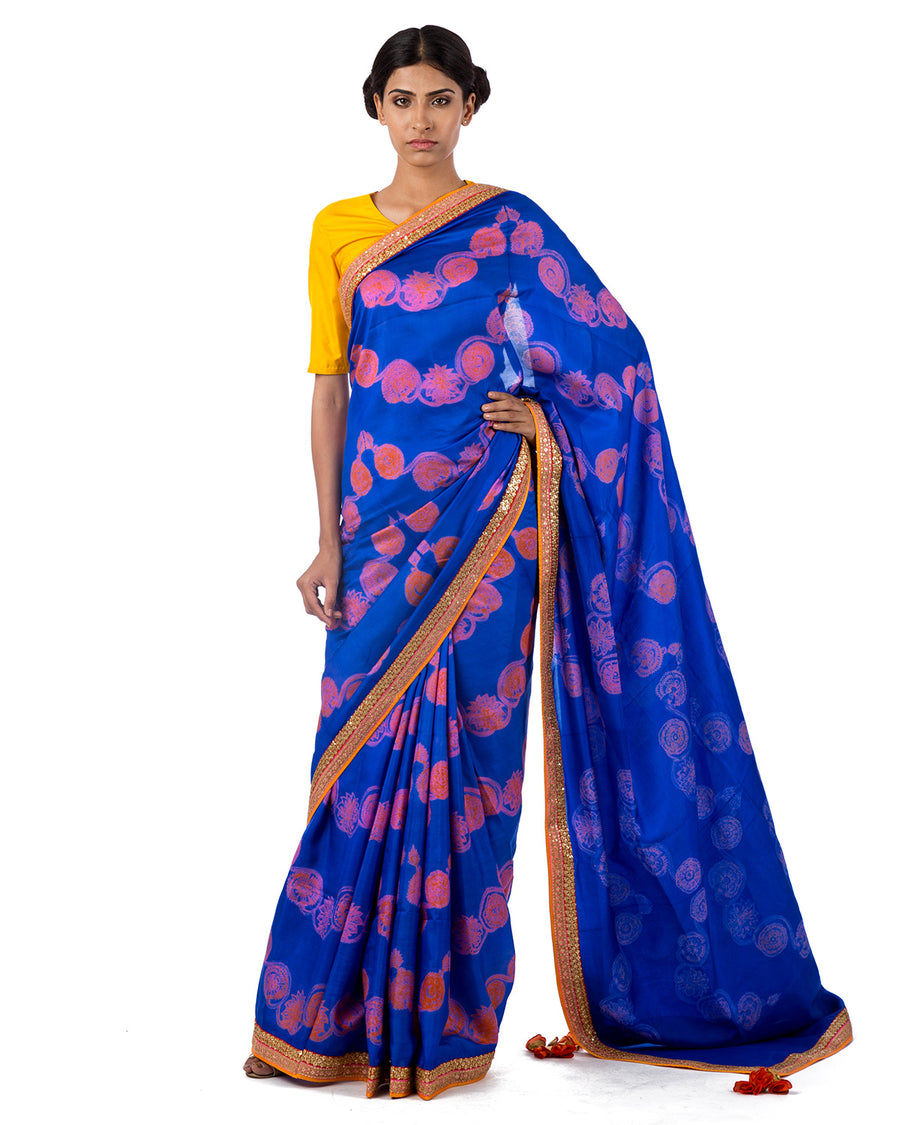 Electric Blue Floral Scallop Shibori Embroidered Silk Saree with Blouse