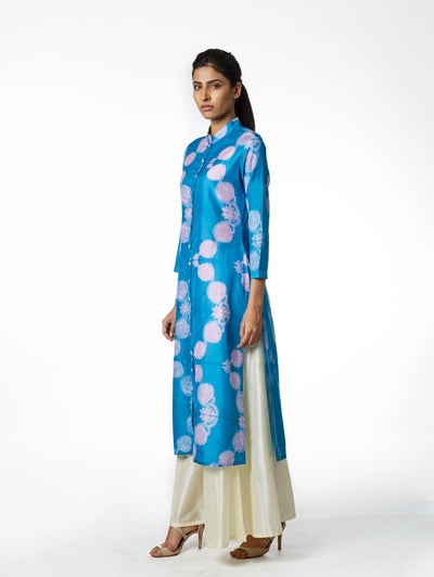 Cyan Floral Scallop Shibori Tunic