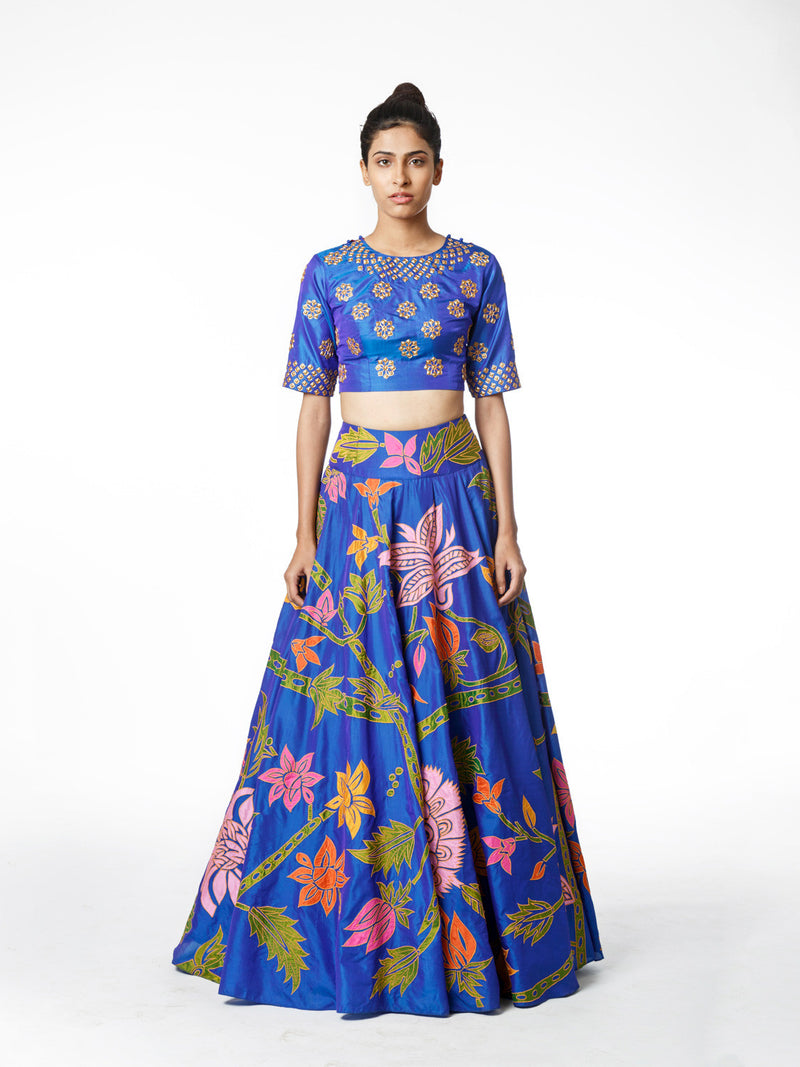 Electric Blue Embroidered Lehenga Skirt and Crop Top - Swati Vijaivargie