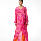 Fuchsia Embroidered Shibori Wrap Tunic Dress With Pants