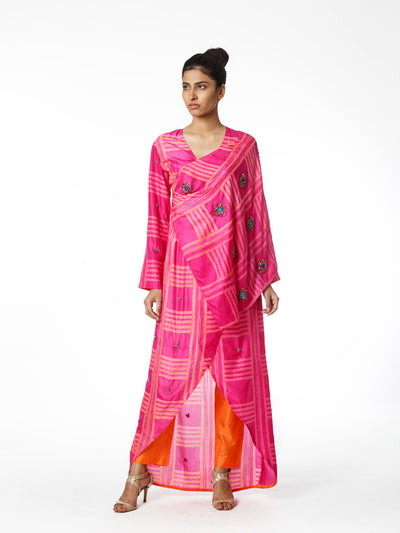 Fuchsia Embroidered Shibori Wrap Tunic Dress With Pants
