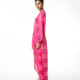 Fuchsia Embroidered Shibori Wrap Tunic Dress With Pants