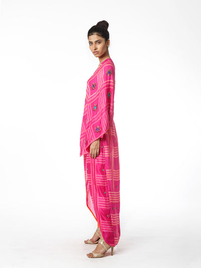 Fuchsia Embroidered Shibori Wrap Tunic Dress With Pants