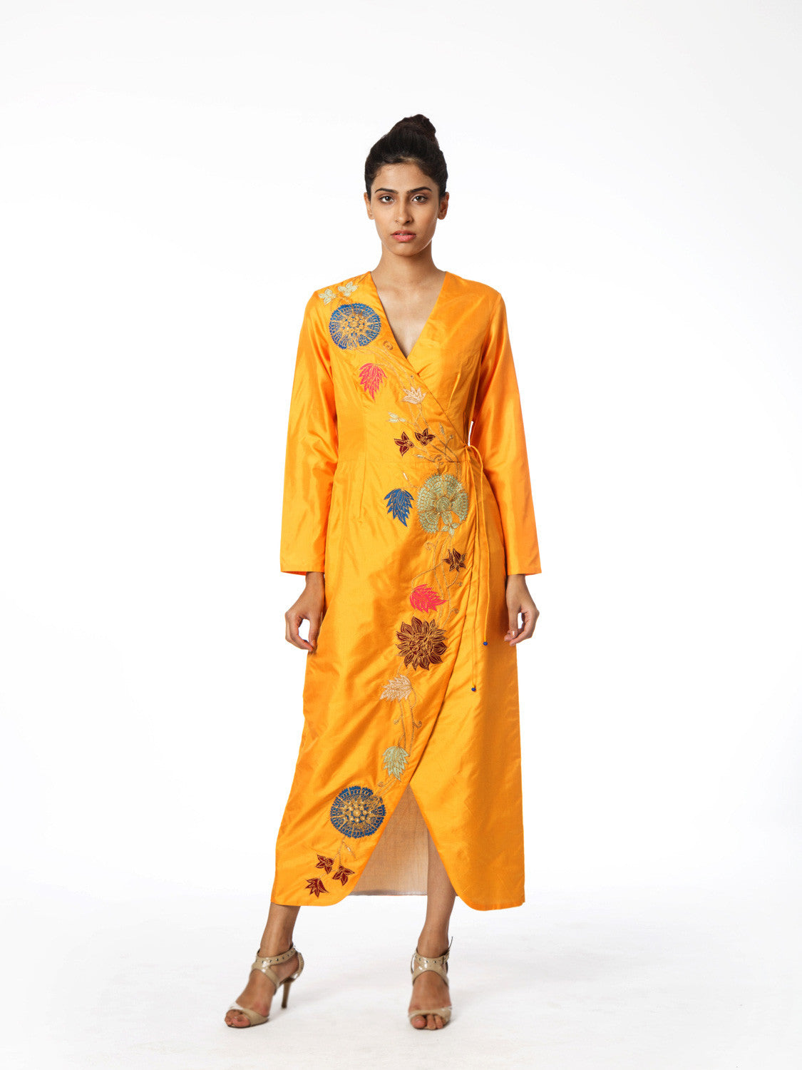 Yellow Raas Applique Embroidered Wrap Dress