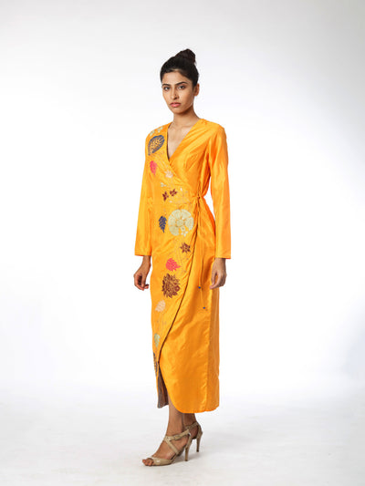 Yellow Raas Applique Embroidered Wrap Dress