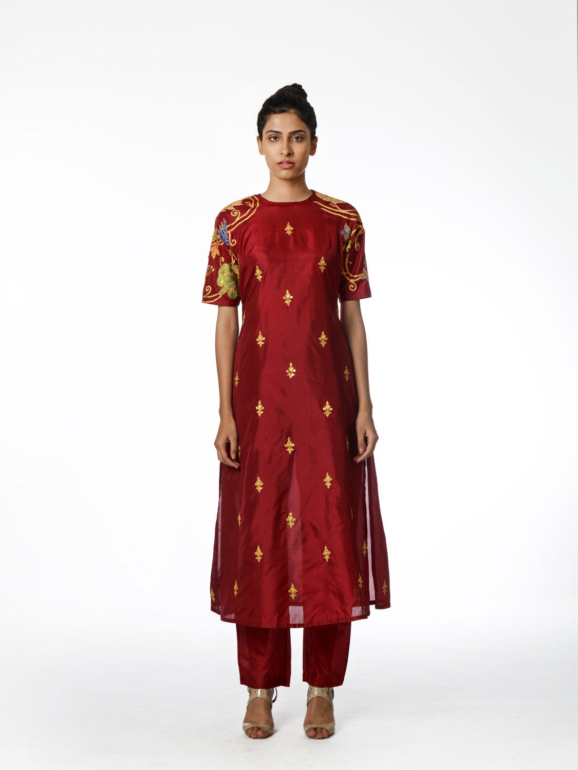 Maroon Silk Applique Embroidered Kurta Set