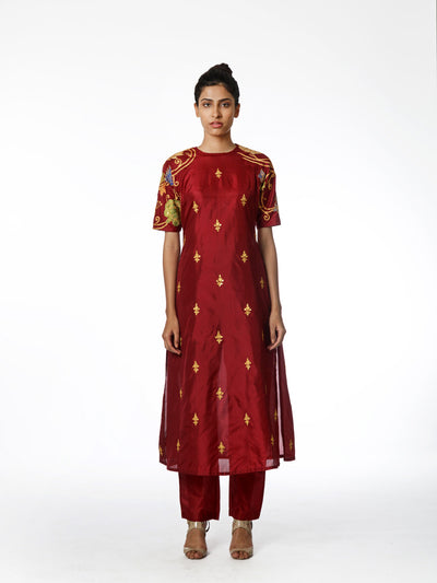 Maroon Silk Applique Embroidered Kurta Set