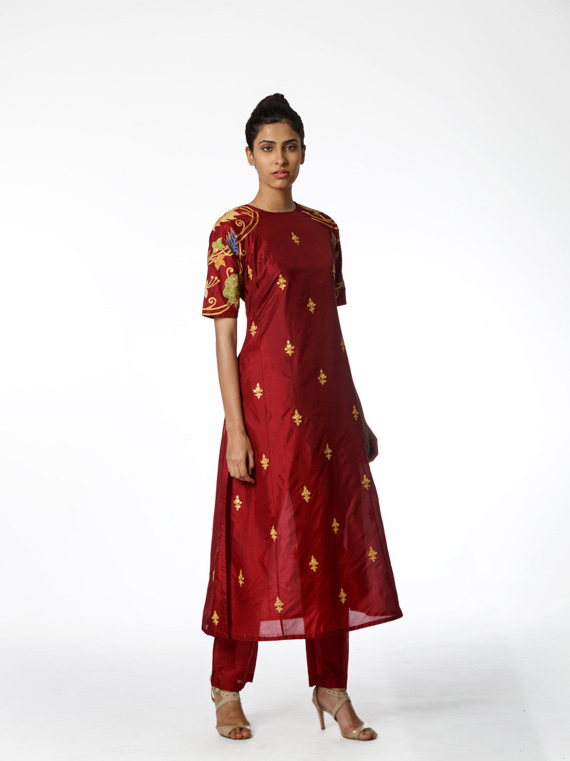 Maroon Silk Applique Embroidered Kurta Set